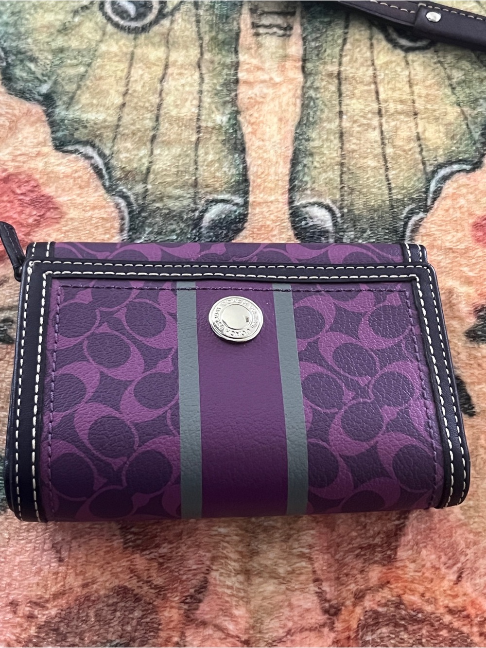 Vintage y2k Coach Purple Signature Compact Wallet with Gray Stripe Accent